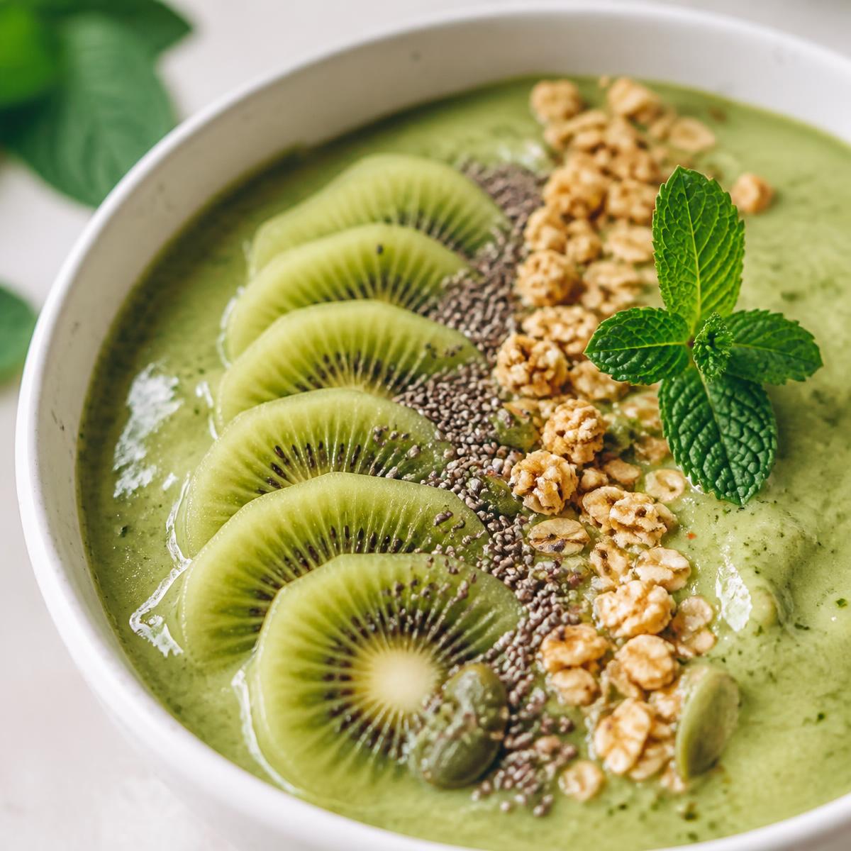 Green smoothie bowl with kiwi, chia seeds and granola